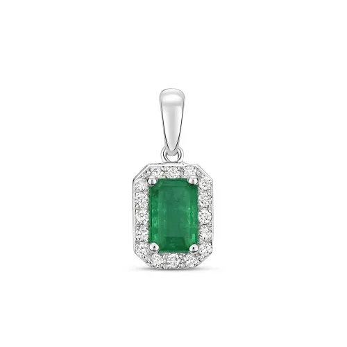 Diamond and Emerald Octagon Pendant 9ct White Gold